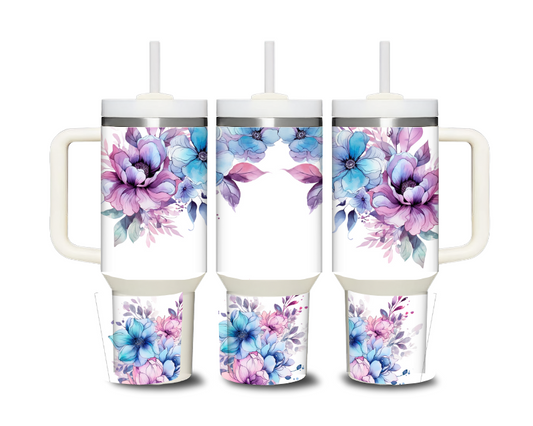 Purple and Blue Floral 40 oz. Tumbler – Elegant Watercolor Design