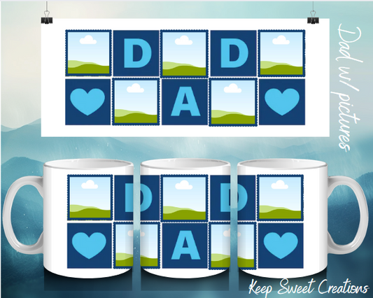 Personalized Dad Photo Mug with Custom Pictures – Heart Design and Blue Background