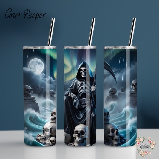 Grim Reaper Tumbler – Gothic Skull Cup | Stainless Steel Sublimation Tumbler | Dark Fantasy Drinkware