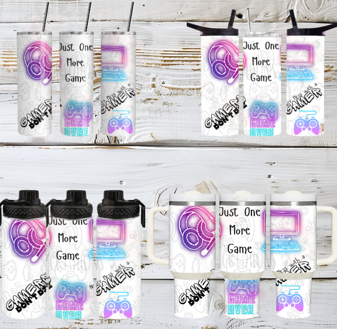 Gamer Mode Tumbler – Just One More Game! | Neon Controller Stainless Steel Cup for Gamers
