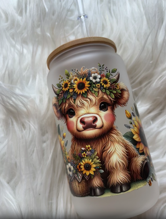 14 oz. frosted glass can with UV-DTF sunflower highland cow design, bamboo lid, and straw – rustic country tumbler