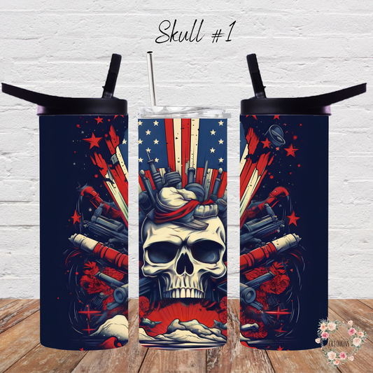 Unleash your bold, patriotic style with these American Skull Tumblers! 🇺🇸💀🔥 Featuring two epic designs—Skull #1 with a dark, edgy explosive theme and Skull #2 with a fierce skull rocking an American flag cowboy hat—these tumblers are perfect for those who love a rebellious twist on patriotism. Available in 20 oz, 30 oz, 32 oz water bottles, and 40 oz handled tumblers, they make the ultimate statement for bikers, veterans, and anyone with a fearless American spirit! 🚀✨