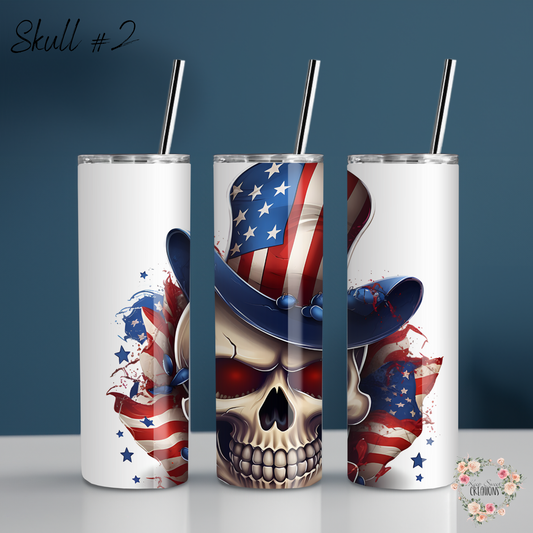 Unleash your bold, patriotic style with these American Skull Tumblers! 🇺🇸💀🔥 Featuring two epic designs—Skull #1 with a dark, edgy explosive theme and Skull #2 with a fierce skull rocking an American flag cowboy hat—these tumblers are perfect for those who love a rebellious twist on patriotism. Available in 20 oz, 30 oz, 32 oz water bottles, and 40 oz handled tumblers, they make the ultimate statement for bikers, veterans, and anyone with a fearless American spirit! 🚀✨