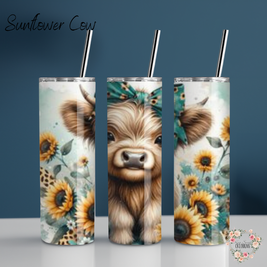 Highland Cow Sunflower Tumbler – Stainless Steel Cup | Country Farmhouse Gift for Her