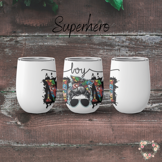 Boy Mom tumbler with hero design and messy bun illustration