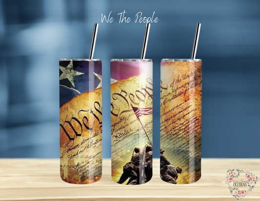 Celebrate American freedom with this 'We The People' patriotic tumbler, featuring the U.S. Constitution, the American flag, and the iconic Iwo Jima flag-raising scene. This bold and historical design is perfect for patriots, veterans, and history lovers who stand for liberty and independence. Available in 20 oz, 30 oz, 32 oz water bottle, and 40 oz handled tumbler. A must-have for those who cherish the U.S. Constitution and American pride!