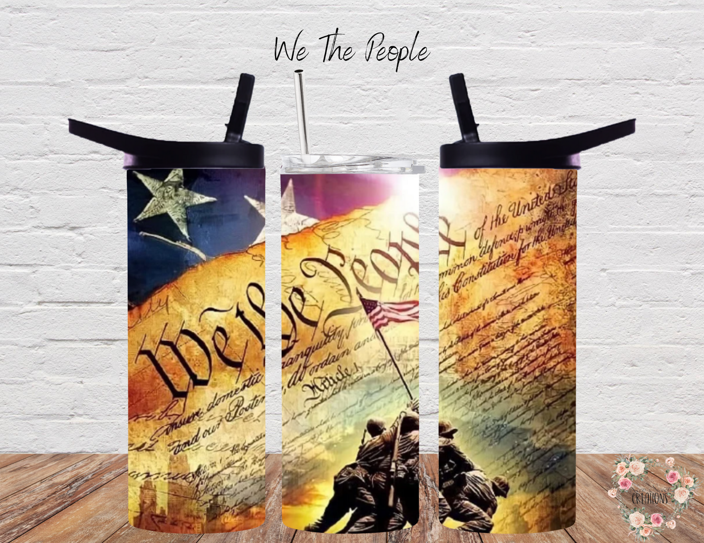 Celebrate American freedom with this 'We The People' patriotic tumbler, featuring the U.S. Constitution, the American flag, and the iconic Iwo Jima flag-raising scene. This bold and historical design is perfect for patriots, veterans, and history lovers who stand for liberty and independence. Available in 20 oz, 30 oz, 32 oz water bottle, and 40 oz handled tumbler. A must-have for those who cherish the U.S. Constitution and American pride!