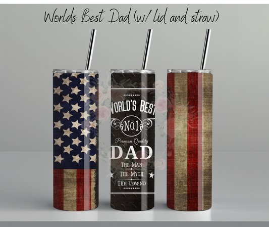 20 oz skinny stainless steel tumbler with American flag background and ‘World’s Best Dad’ quote – patriotic Father’s Day gift