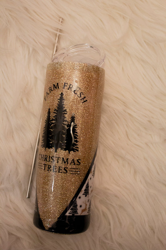 Christmas Farm Tumbler with gold glitter and Farm Fresh Christmas Trees design