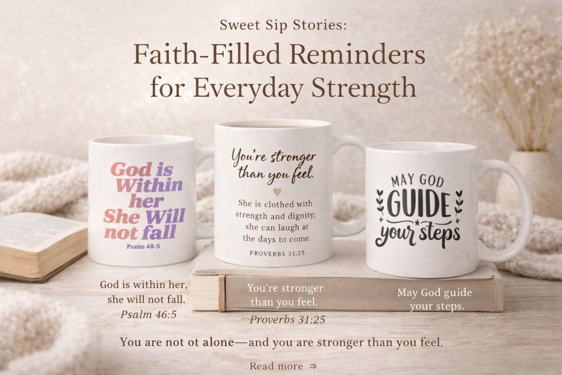 Faith-based blog image featuring three Christian coffee mugs with Bible verses including Proverbs 31:25 and Psalm 46:5, styled with a Bible and neutral cozy background for encouragement and daily inspiration.