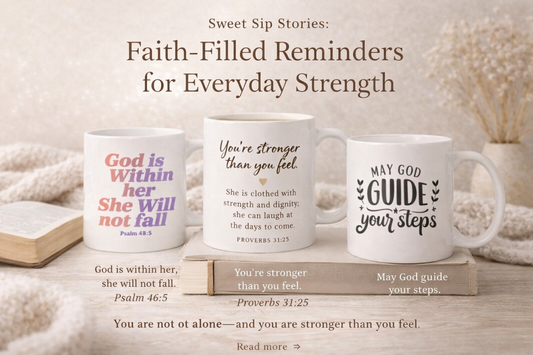 Faith-based blog image featuring three Christian coffee mugs with Bible verses including Proverbs 31:25 and Psalm 46:5, styled with a Bible and neutral cozy background for encouragement and daily inspiration.