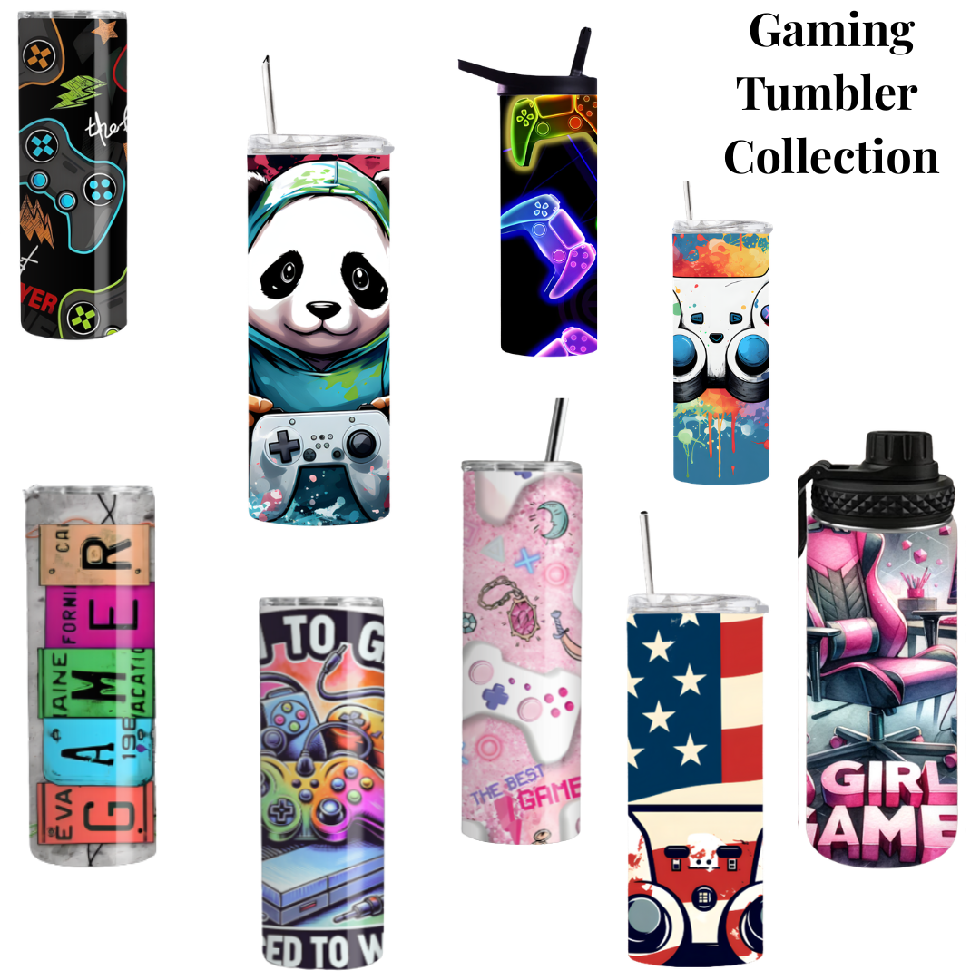 gamer tumblers collection with neon controller designs, panda gamer cup, gamer girl tumbler, and custom gaming drinkware in multiple styles