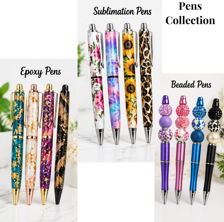 Handmade epoxy pens, sublimation pens, and beaded pens with glitter, floral, leopard, and decorative bead designs displayed in a modern product showcase