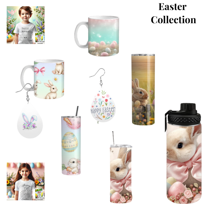 Easter collection featuring bunny tumblers, pastel coffee mugs, Easter earrings, and cute spring drinkware with rabbits, eggs, and floral designs