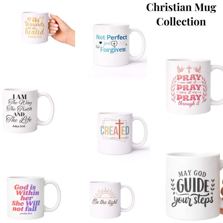 Christian coffee mugs with Bible verses and inspirational faith quotes, custom faith-based drinkware collection