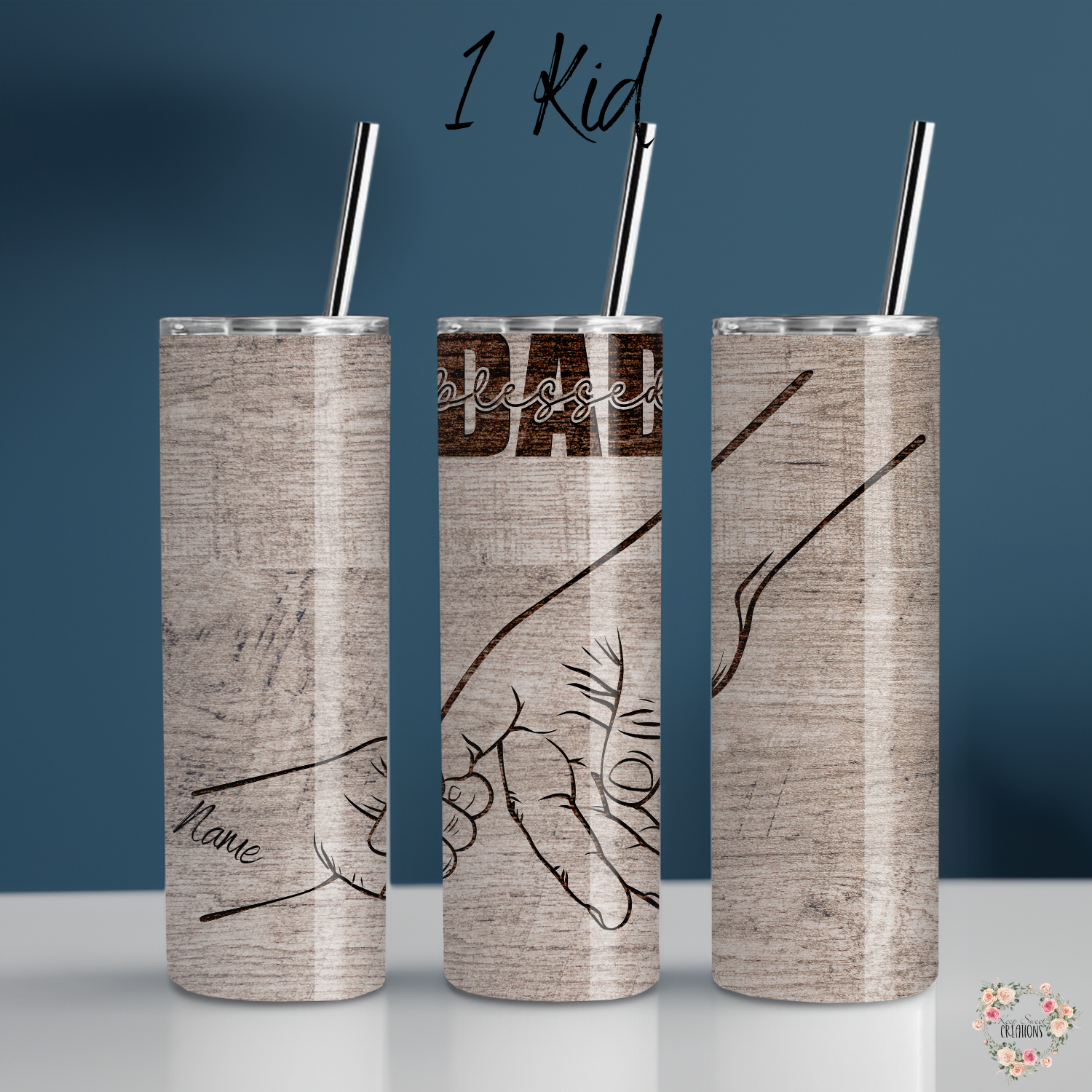 "Personalized rustic wood background tumbler with 'Blessed Dad' engraving and fist bump design, customizable with kids’ names – unique Father’s Day gift.