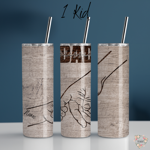 "Personalized rustic wood background tumbler with 'Blessed Dad' engraving and fist bump design, customizable with kids’ names – unique Father’s Day gift.