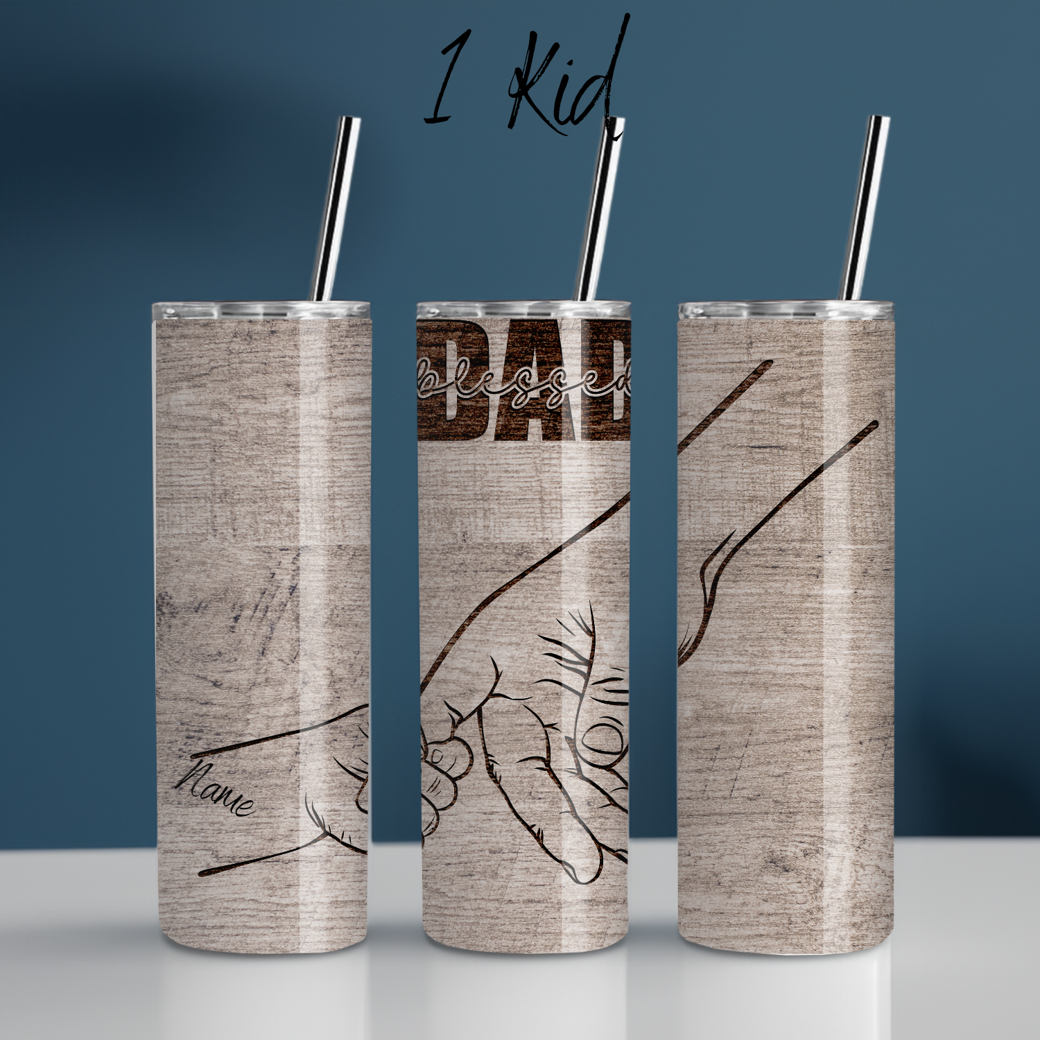"Personalized rustic wood background tumbler with 'Blessed Dad' engraving and fist bump design, customizable with kids’ names – unique Father’s Day gift.