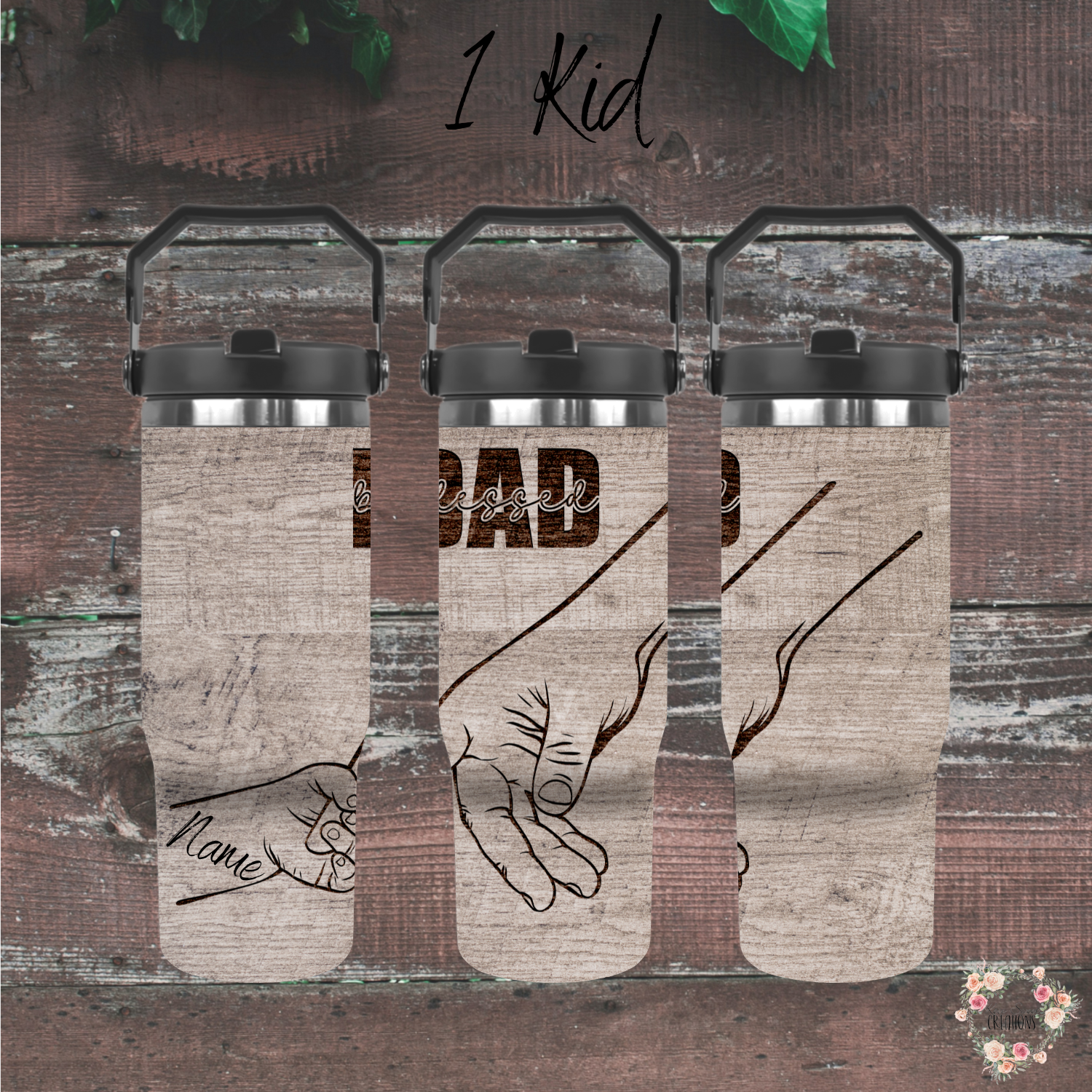 "Personalized rustic wood background tumbler with 'Blessed Dad' engraving and fist bump design, customizable with kids’ names – unique Father’s Day gift.