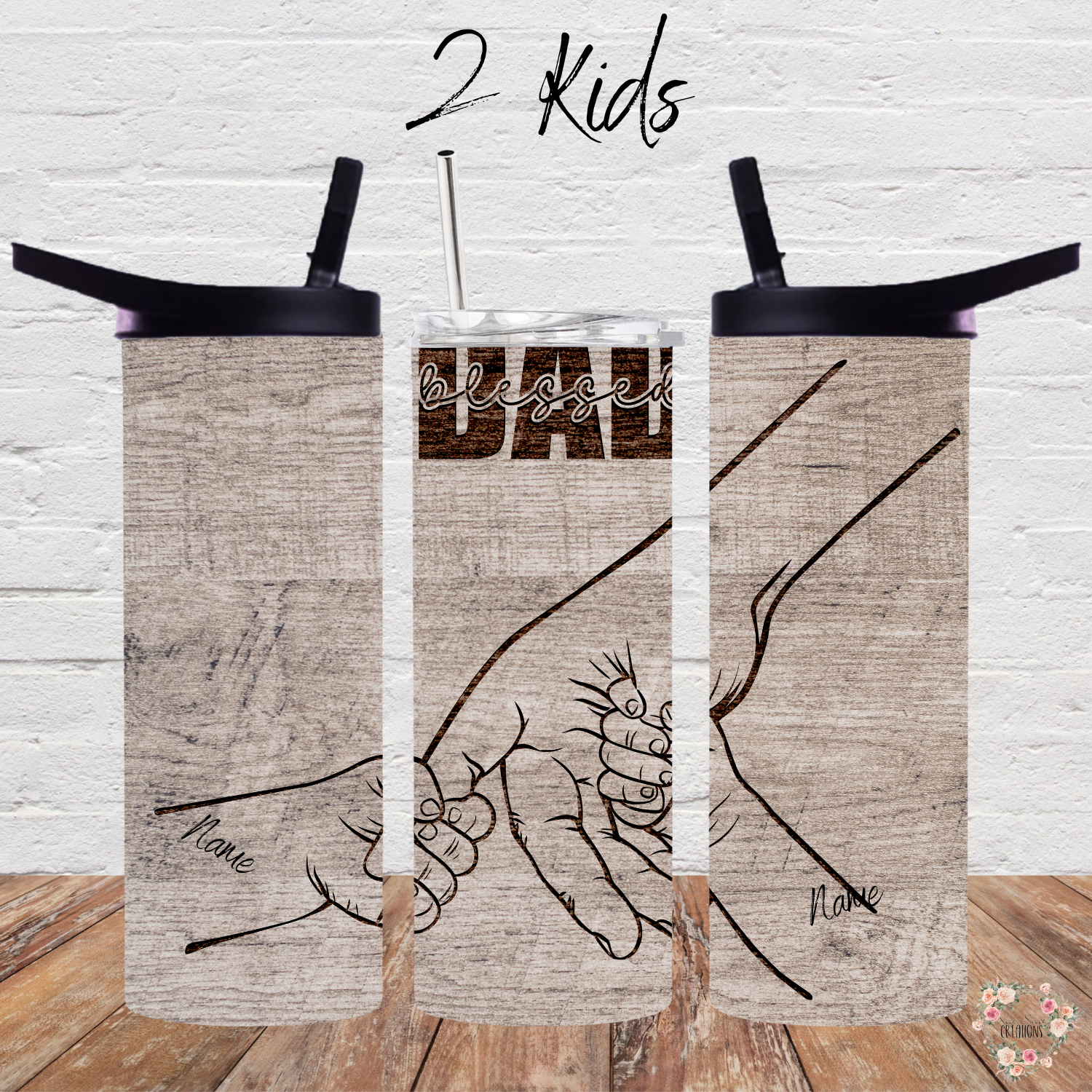 "Personalized rustic wood background tumbler with 'Blessed Dad' engraving and fist bump design, customizable with kids’ names – unique Father’s Day gift.