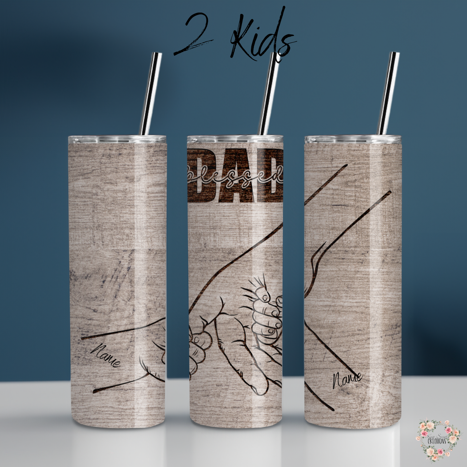 "Personalized rustic wood background tumbler with 'Blessed Dad' engraving and fist bump design, customizable with kids’ names – unique Father’s Day gift.