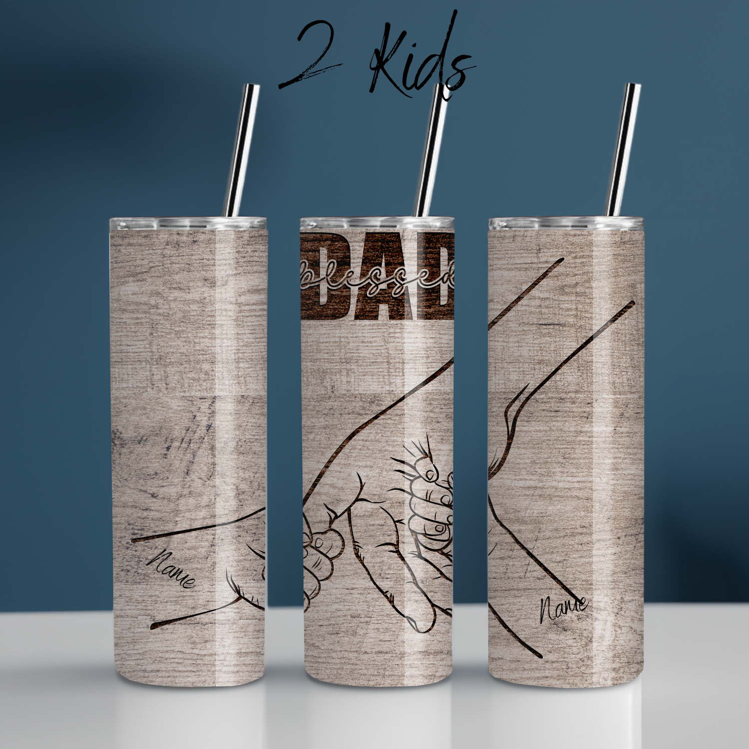 "Personalized rustic wood background tumbler with 'Blessed Dad' engraving and fist bump design, customizable with kids’ names – unique Father’s Day gift.