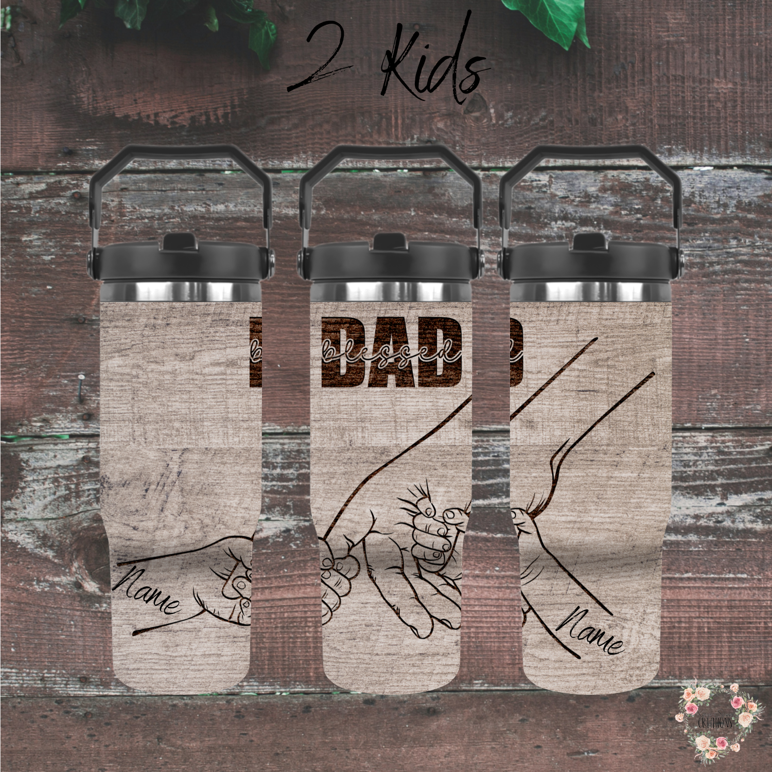 "Personalized rustic wood background tumbler with 'Blessed Dad' engraving and fist bump design, customizable with kids’ names – unique Father’s Day gift.