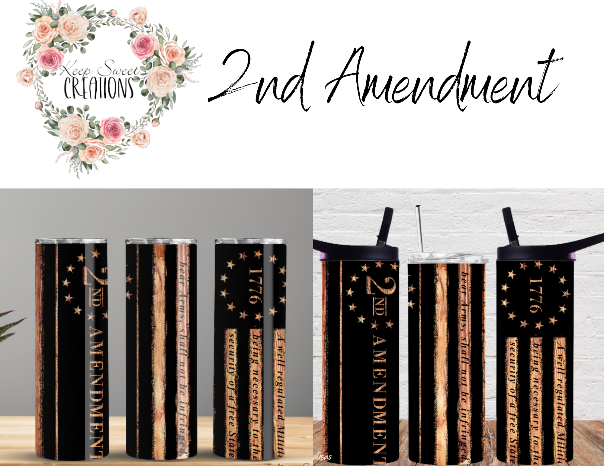 "2nd Amendment Tumbler – Rustic Patriotic Design"
Show your support for the Second Amendment with this bold tumbler featuring a distressed black and copper American flag, "2nd Amendment" text, "1776," and the right to bear arms quote. Available in multiple tumbler styles, perfect for everyday use or as a patriotic gift.