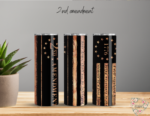"2nd Amendment Tumbler – Rustic Patriotic Design"
Show your support for the Second Amendment with this bold tumbler featuring a distressed black and copper American flag, "2nd Amendment" text, "1776," and the right to bear arms quote. Available in multiple tumbler styles, perfect for everyday use or as a patriotic gift.