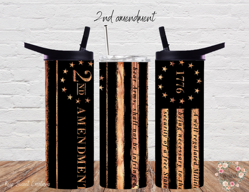 "2nd Amendment Tumbler – Rustic Patriotic Design"
Show your support for the Second Amendment with this bold tumbler featuring a distressed black and copper American flag, "2nd Amendment" text, "1776," and the right to bear arms quote. Available in multiple tumbler styles, perfect for everyday use or as a patriotic gift.
