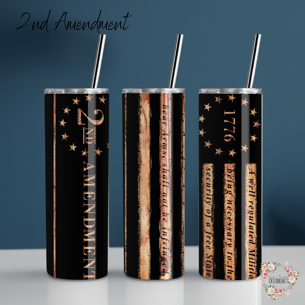 "2nd Amendment Tumbler – Rustic Patriotic Design"
Show your support for the Second Amendment with this bold tumbler featuring a distressed black and copper American flag, "2nd Amendment" text, "1776," and the right to bear arms quote. Available in multiple tumbler styles, perfect for everyday use or as a patriotic gift.