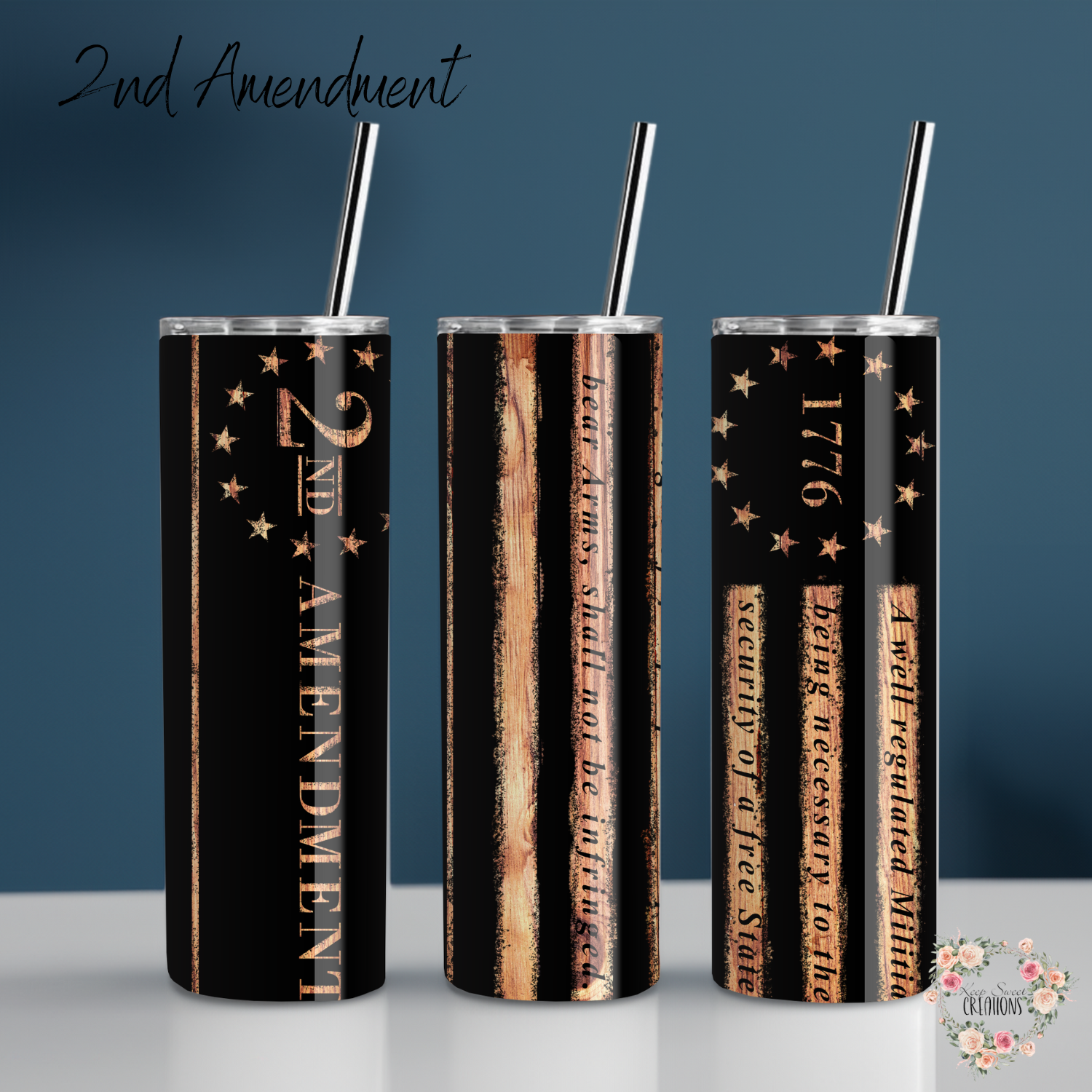 "2nd Amendment Tumbler – Rustic Patriotic Design"
Show your support for the Second Amendment with this bold tumbler featuring a distressed black and copper American flag, "2nd Amendment" text, "1776," and the right to bear arms quote. Available in multiple tumbler styles, perfect for everyday use or as a patriotic gift.