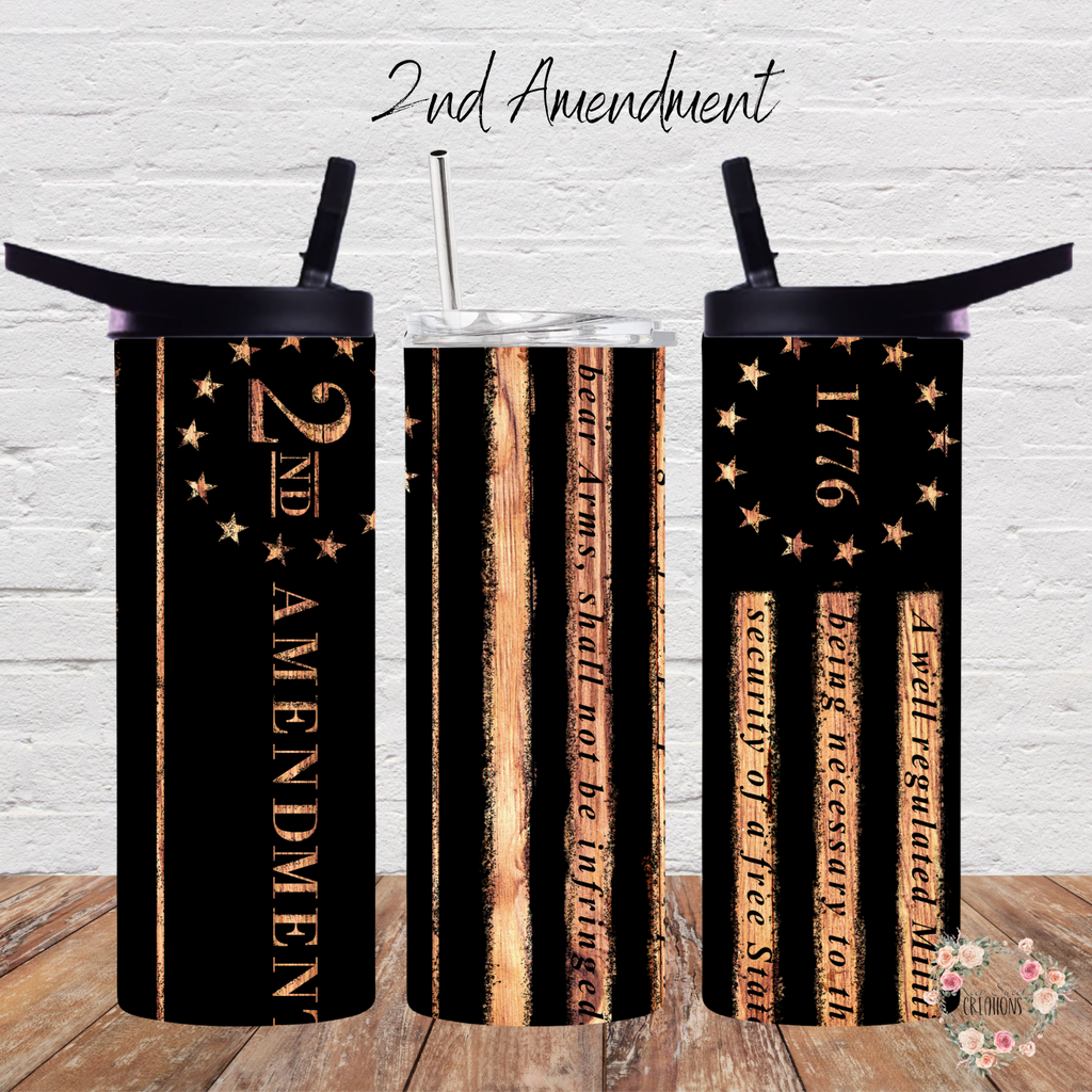 "2nd Amendment Tumbler – Rustic Patriotic Design"
Show your support for the Second Amendment with this bold tumbler featuring a distressed black and copper American flag, "2nd Amendment" text, "1776," and the right to bear arms quote. Available in multiple tumbler styles, perfect for everyday use or as a patriotic gift.