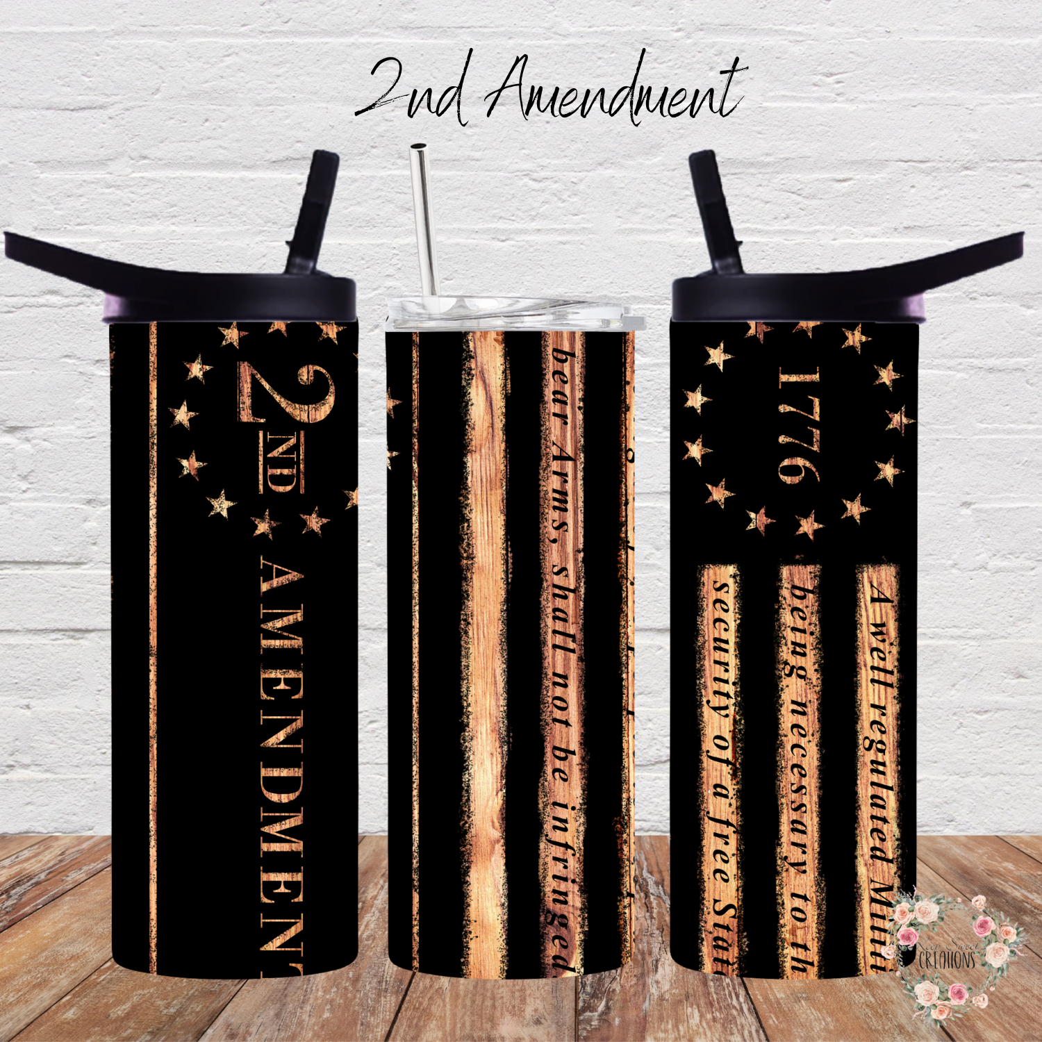 "2nd Amendment Tumbler – Rustic Patriotic Design"
Show your support for the Second Amendment with this bold tumbler featuring a distressed black and copper American flag, "2nd Amendment" text, "1776," and the right to bear arms quote. Available in multiple tumbler styles, perfect for everyday use or as a patriotic gift.