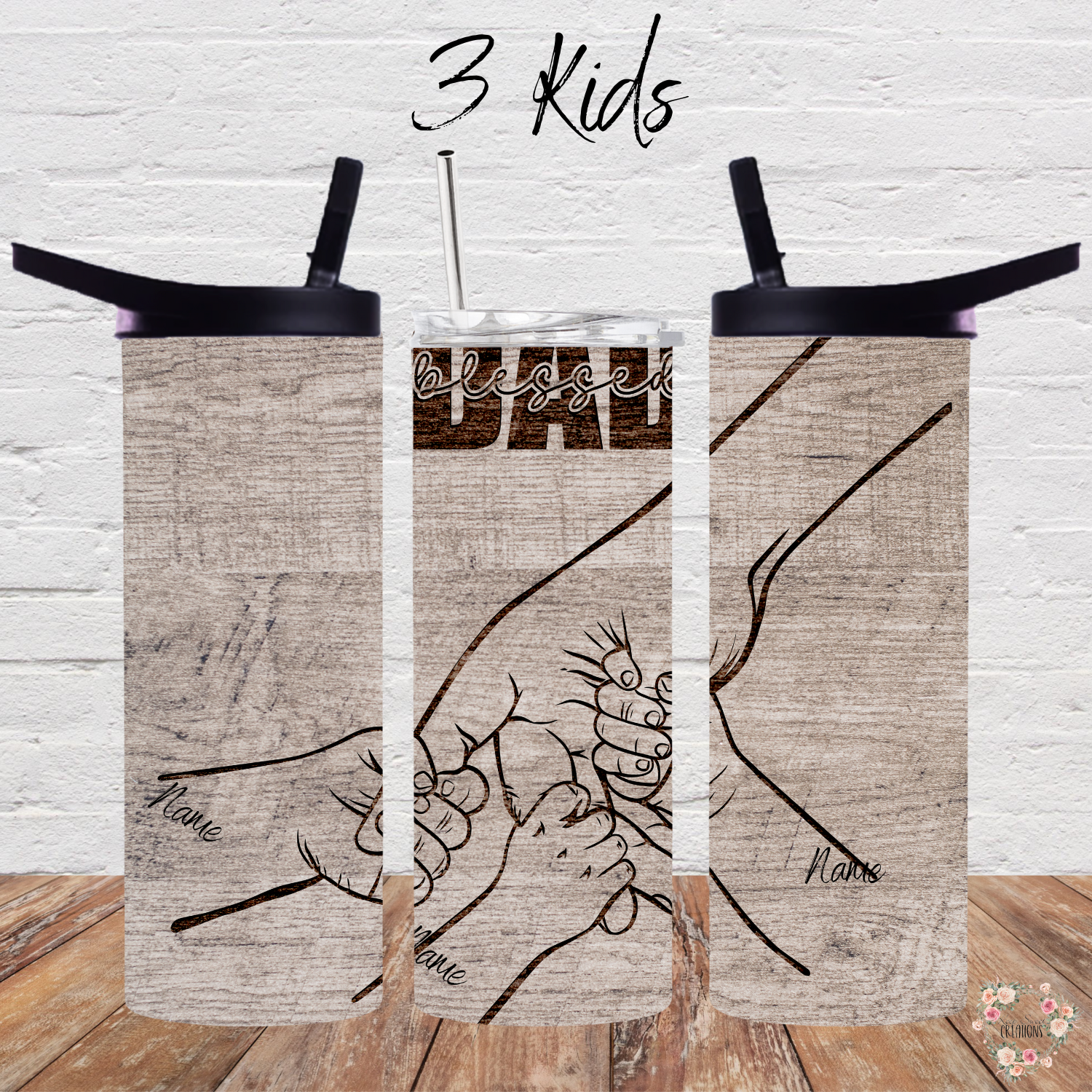 "Personalized rustic wood background tumbler with 'Blessed Dad' engraving and fist bump design, customizable with kids’ names – unique Father’s Day gift.