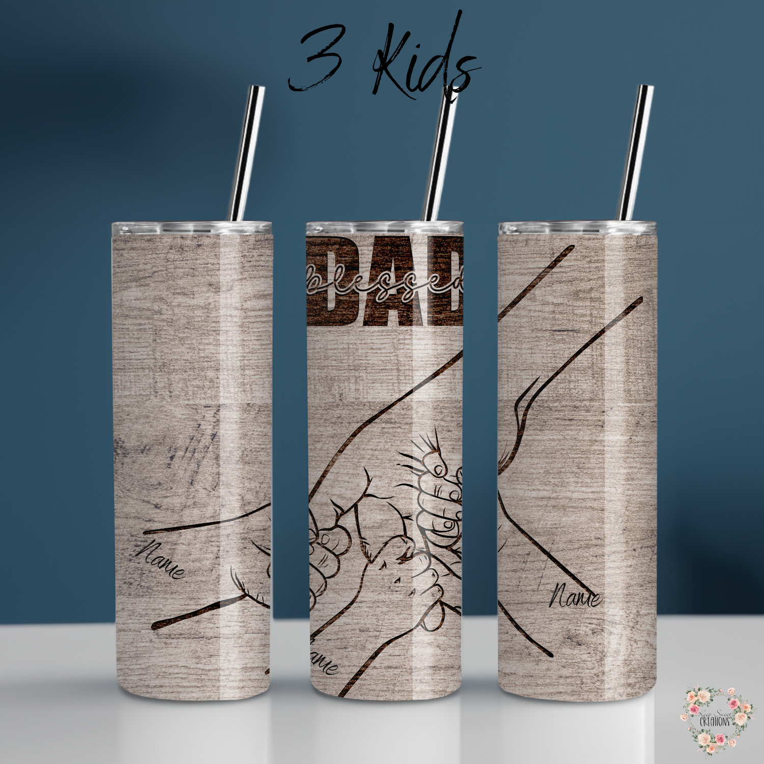 "Personalized rustic wood background tumbler with 'Blessed Dad' engraving and fist bump design, customizable with kids’ names – unique Father’s Day gift.