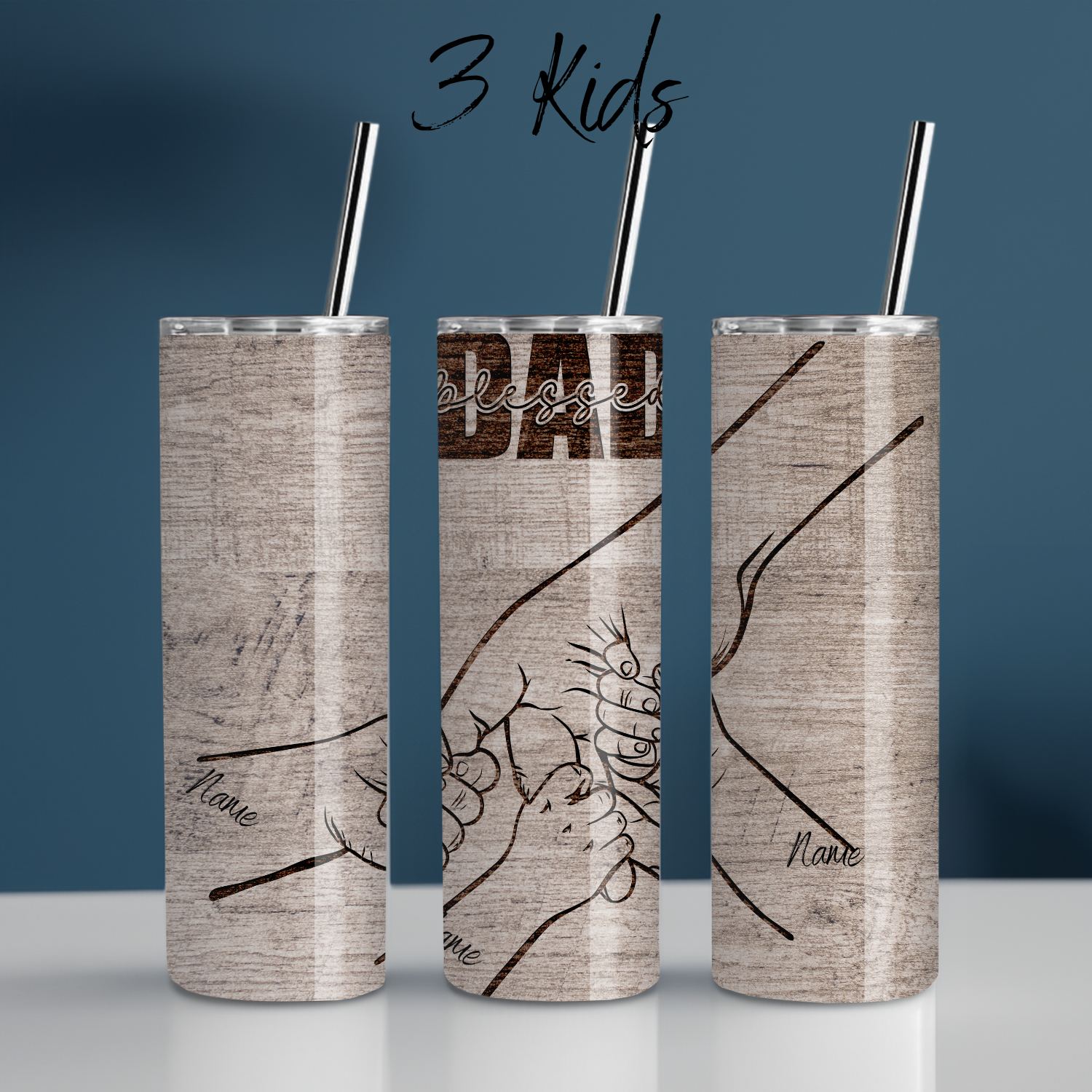 "Personalized rustic wood background tumbler with 'Blessed Dad' engraving and fist bump design, customizable with kids’ names – unique Father’s Day gift.