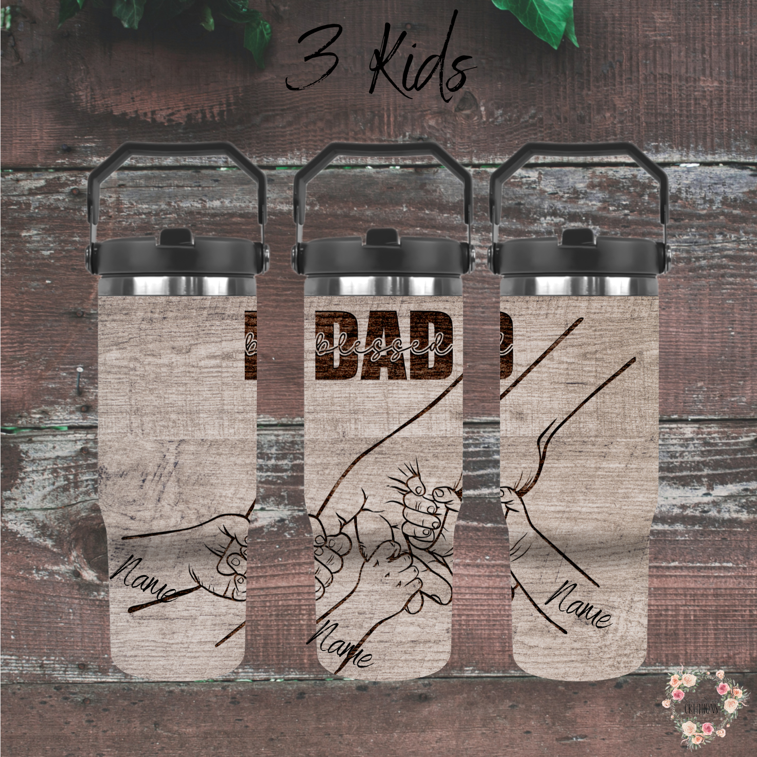 "Personalized rustic wood background tumbler with 'Blessed Dad' engraving and fist bump design, customizable with kids’ names – unique Father’s Day gift.