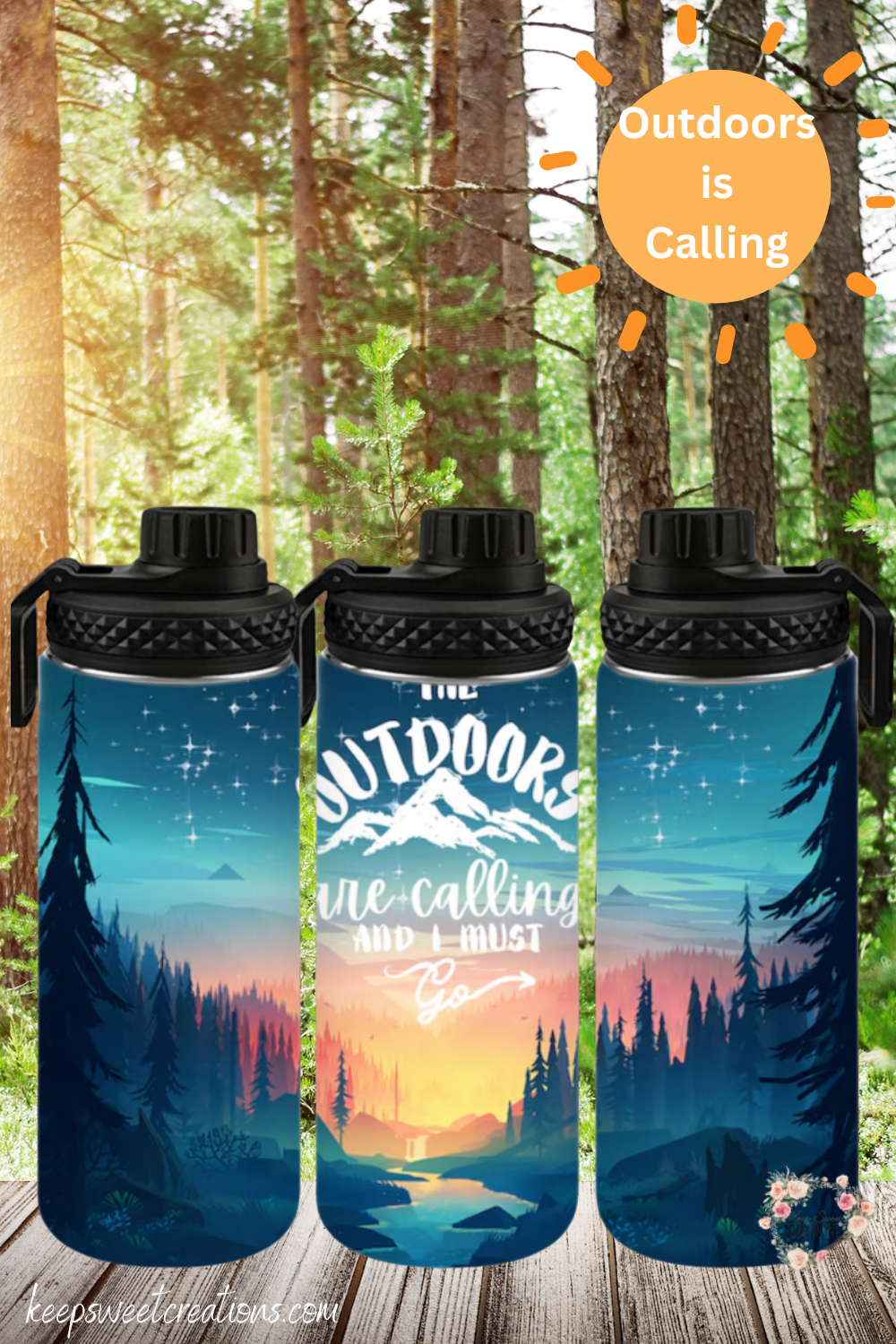 A stainless steel tumbler with a scenic outdoor design, featuring a mountain sunset, tall pine trees, and a reflection on a calm lake. The tumbler displays the phrase "Outdoors is Calling" in elegant script. The set includes tumblers with both metal straws and black flip-top lids. The background varies, including wood textures and white brick walls, enhancing the nature-inspired aesthetic.