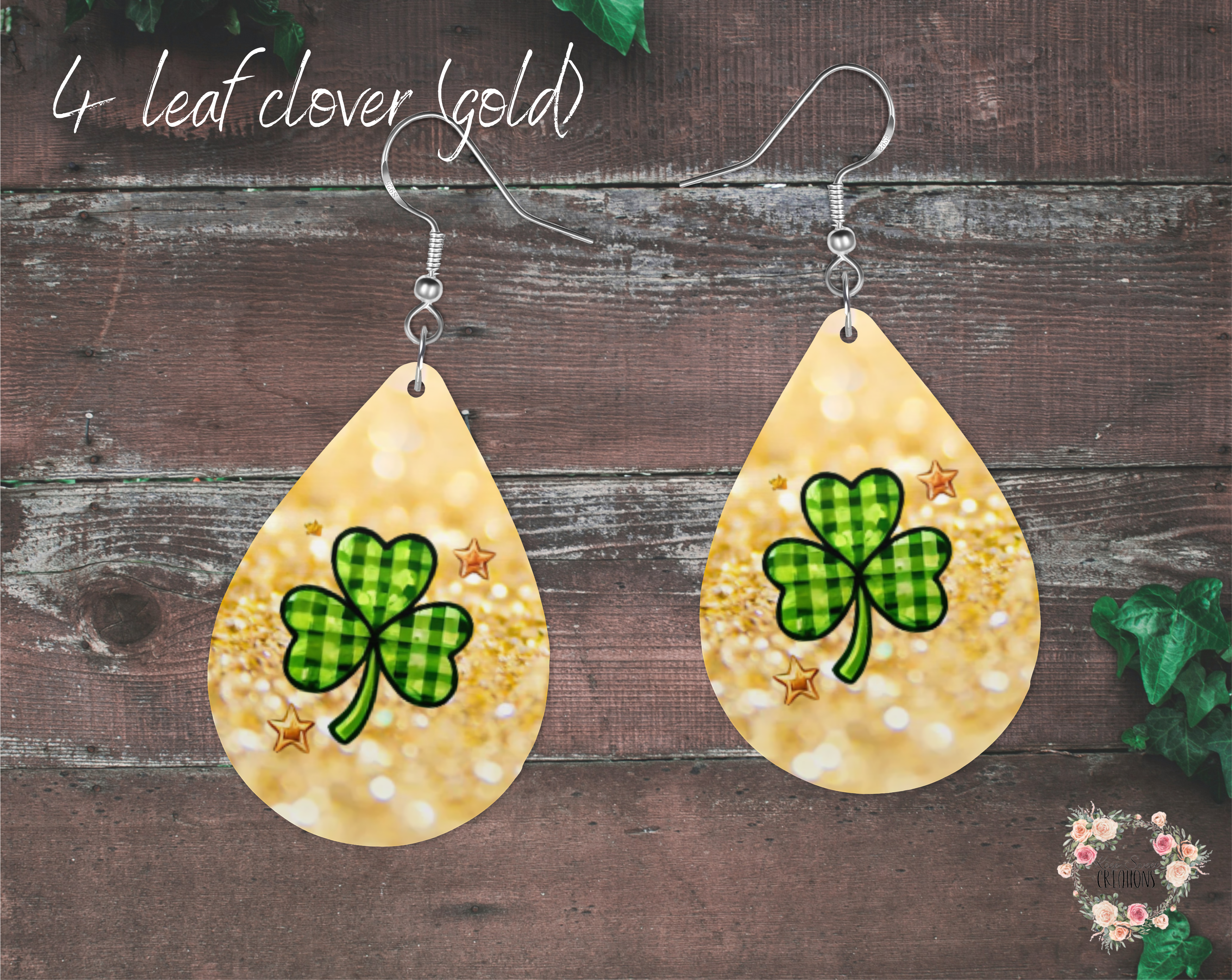 "A pair of teardrop-shaped St. Patrick’s Day earrings featuring a green plaid four-leaf clover on a sparkling gold background with small decorative stars. These festive earrings are made from lightweight sublimation wood with nickel-free hypoallergenic hooks, perfect for celebrating Irish luck and style."