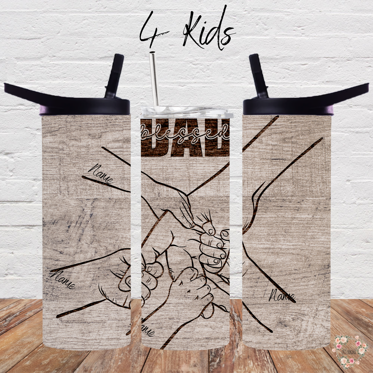 "Personalized rustic wood background tumbler with 'Blessed Dad' engraving and fist bump design, customizable with kids’ names – unique Father’s Day gift.