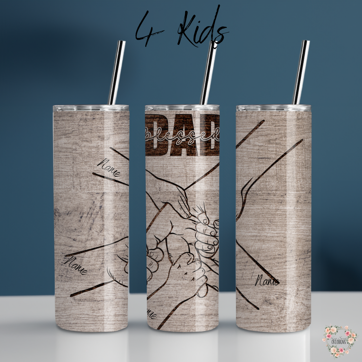 "Personalized rustic wood background tumbler with 'Blessed Dad' engraving and fist bump design, customizable with kids’ names – unique Father’s Day gift.