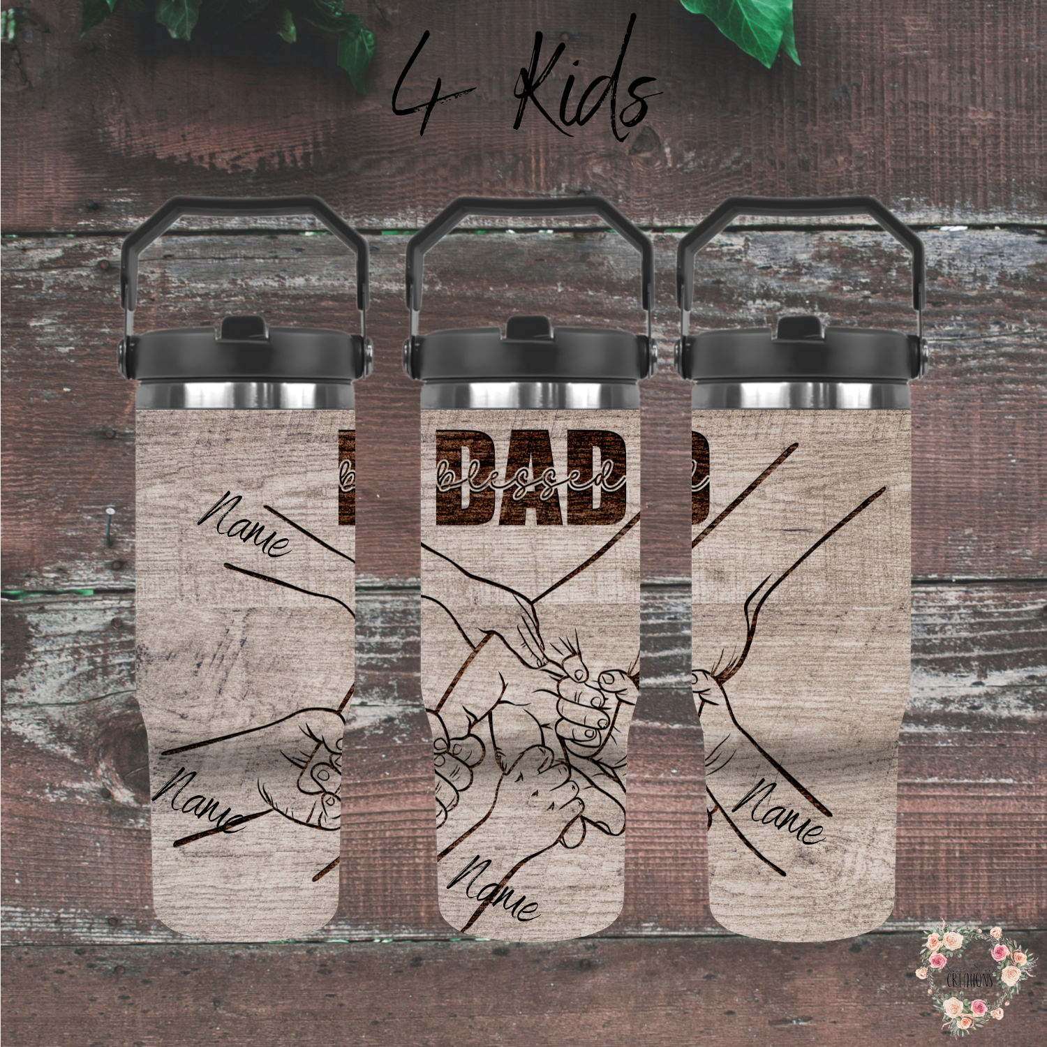 "Personalized rustic wood background tumbler with 'Blessed Dad' engraving and fist bump design, customizable with kids’ names – unique Father’s Day gift.
