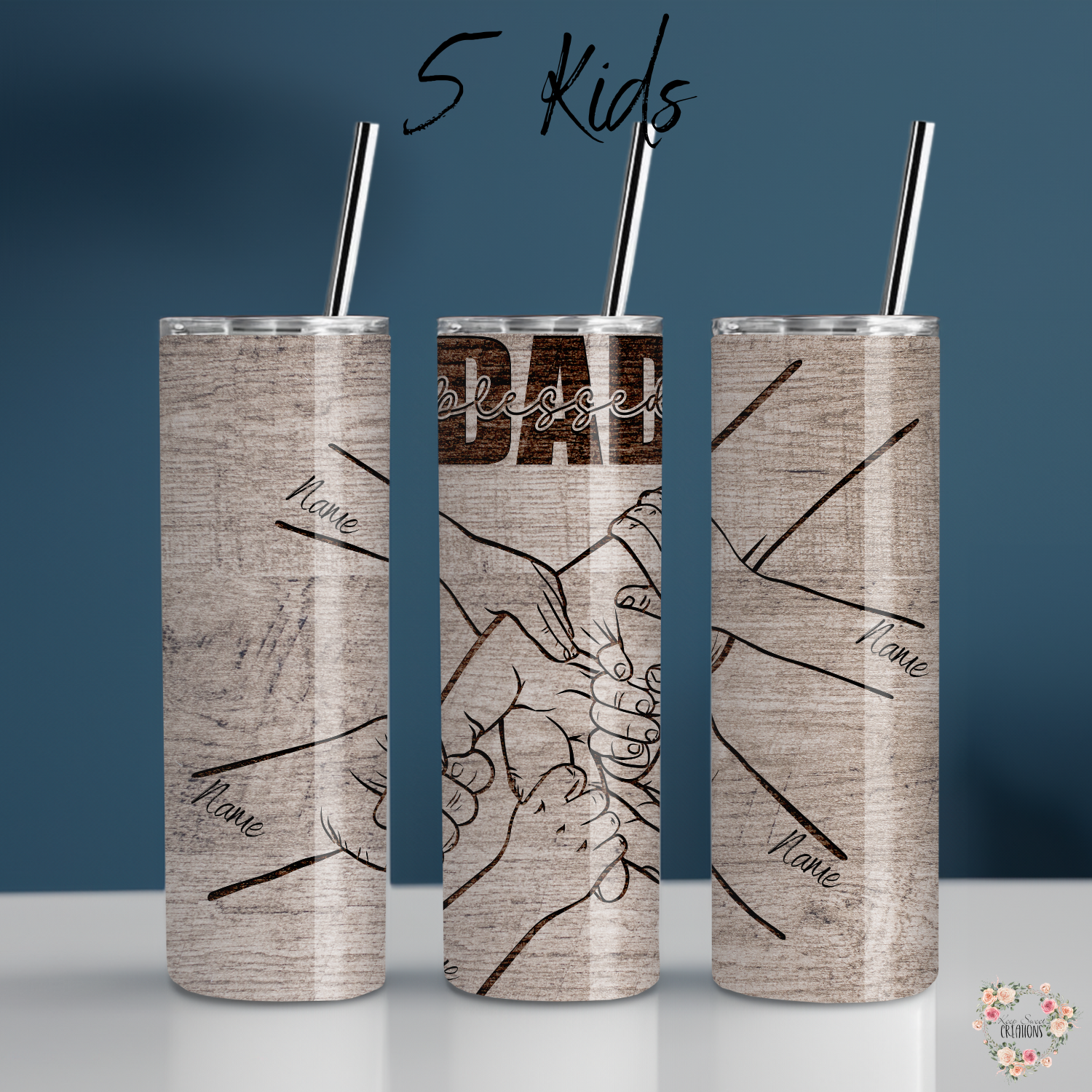 "Personalized rustic wood background tumbler with 'Blessed Dad' engraving and fist bump design, customizable with kids’ names – unique Father’s Day gift.