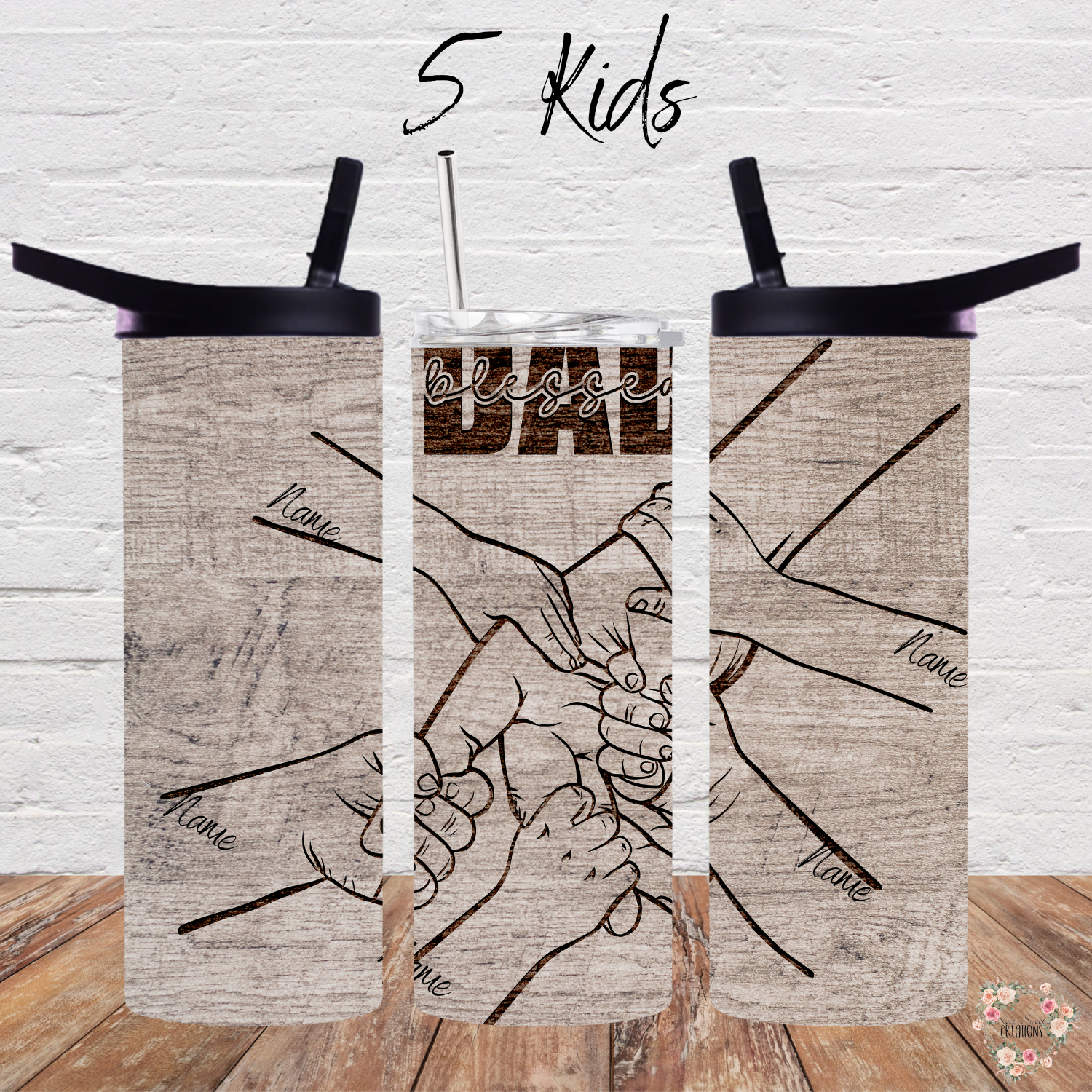 "Personalized rustic wood background tumbler with 'Blessed Dad' engraving and fist bump design, customizable with kids’ names – unique Father’s Day gift.