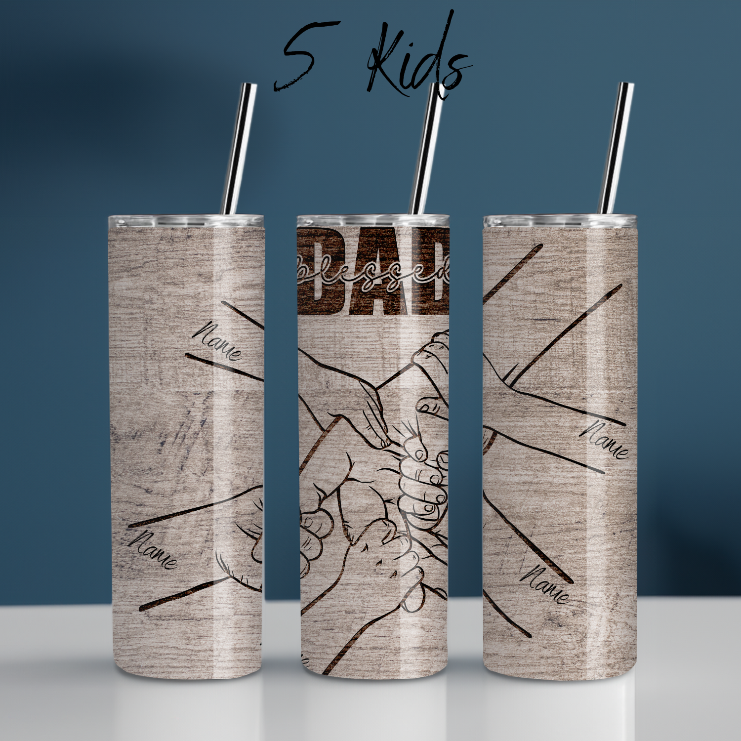 "Personalized rustic wood background tumbler with 'Blessed Dad' engraving and fist bump design, customizable with kids’ names – unique Father’s Day gift.