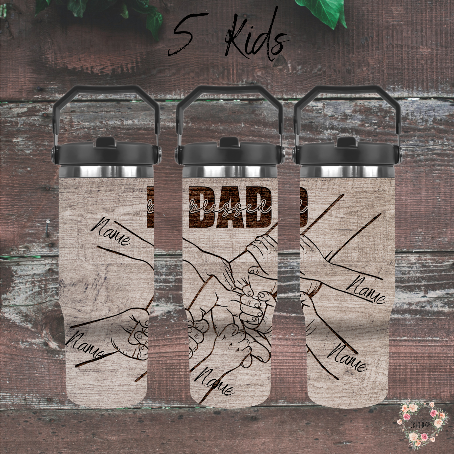 "Personalized rustic wood background tumbler with 'Blessed Dad' engraving and fist bump design, customizable with kids’ names – unique Father’s Day gift.