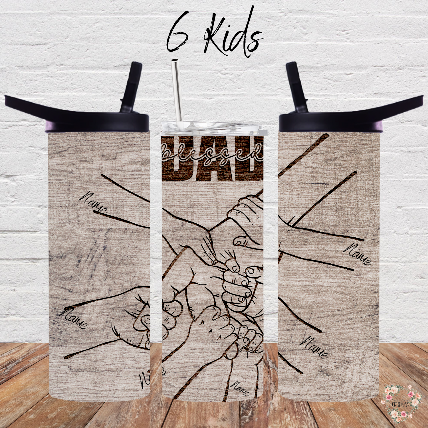 "Personalized rustic wood background tumbler with 'Blessed Dad' engraving and fist bump design, customizable with kids’ names – unique Father’s Day gift.