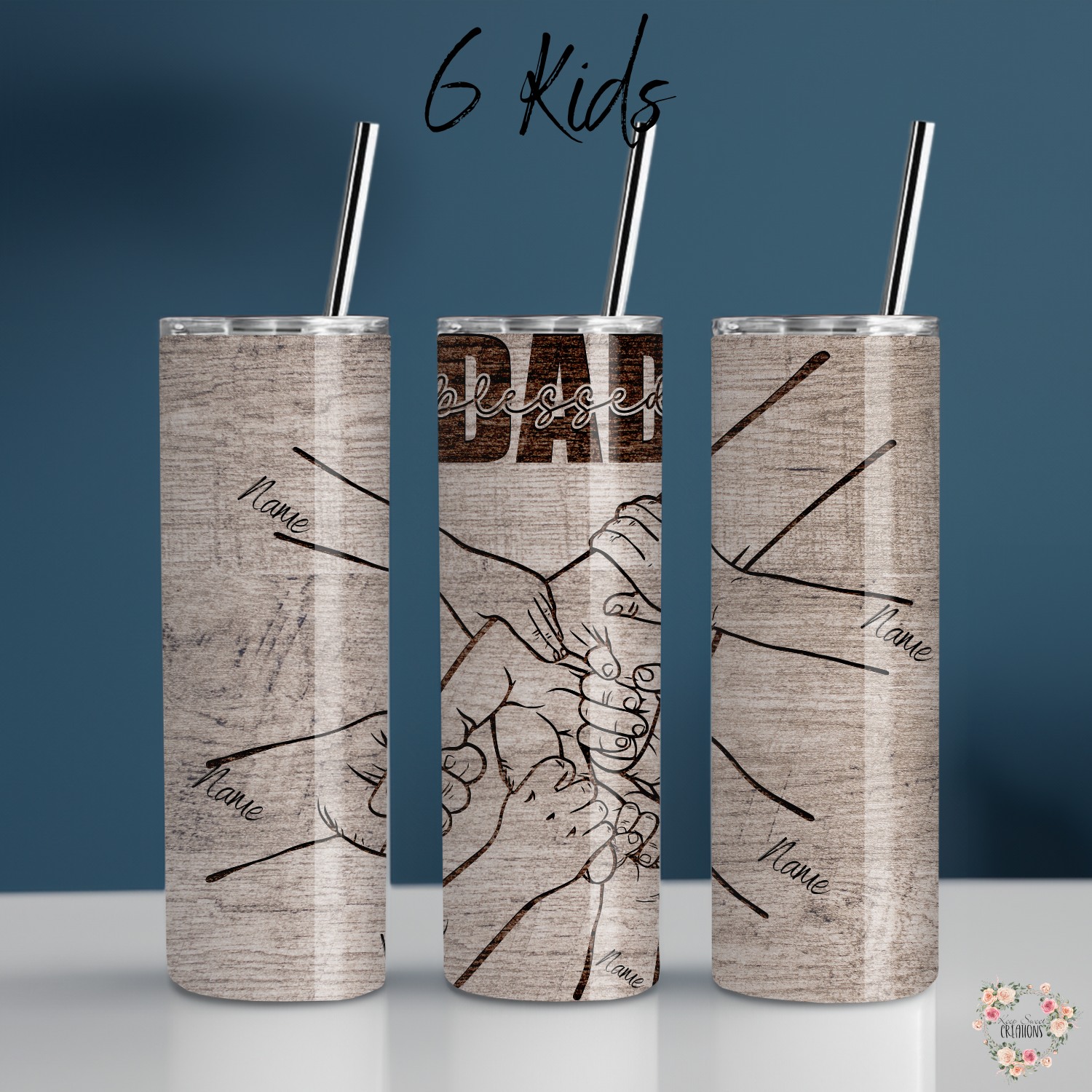"Personalized rustic wood background tumbler with 'Blessed Dad' engraving and fist bump design, customizable with kids’ names – unique Father’s Day gift.