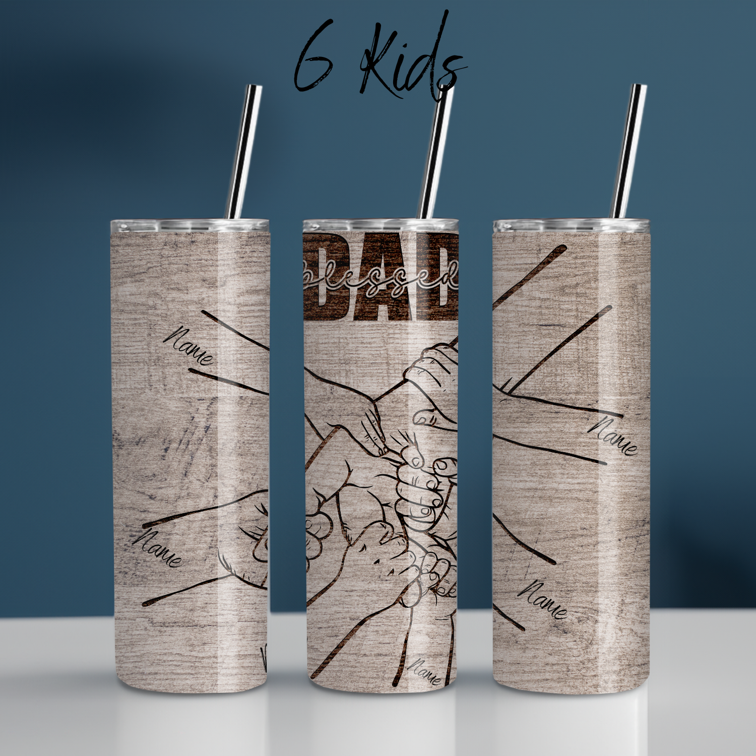 "Personalized rustic wood background tumbler with 'Blessed Dad' engraving and fist bump design, customizable with kids’ names – unique Father’s Day gift.